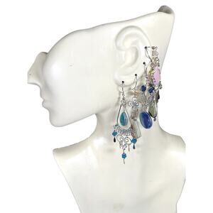 Earrings Lot 05 Pairs Alpaca Silver And Natural Stones From Peru
